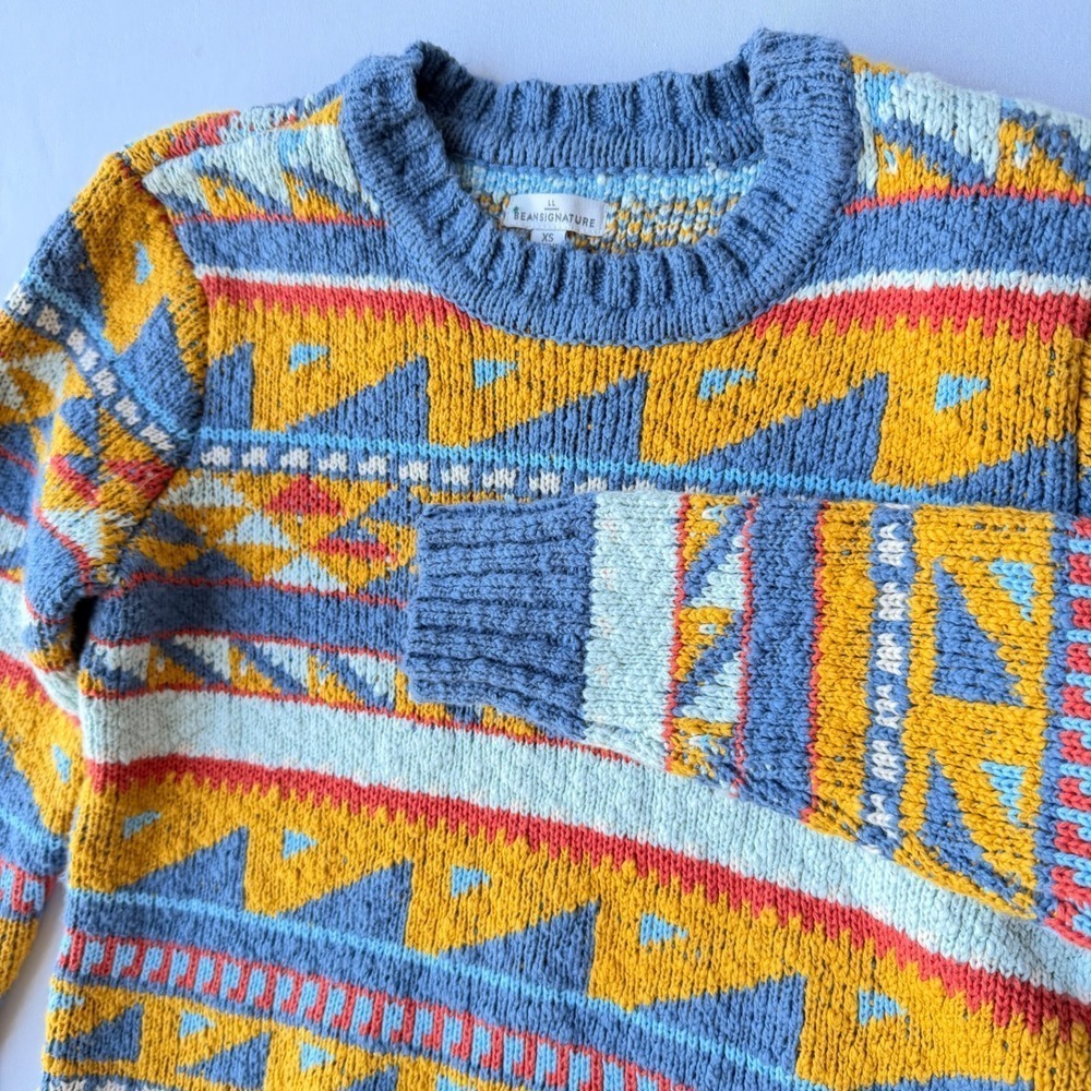 LL Bean Sweater Womens‎ XS Blue Yellow Cotton Fair Isle Southwestern Boho - Picture 8 of 11